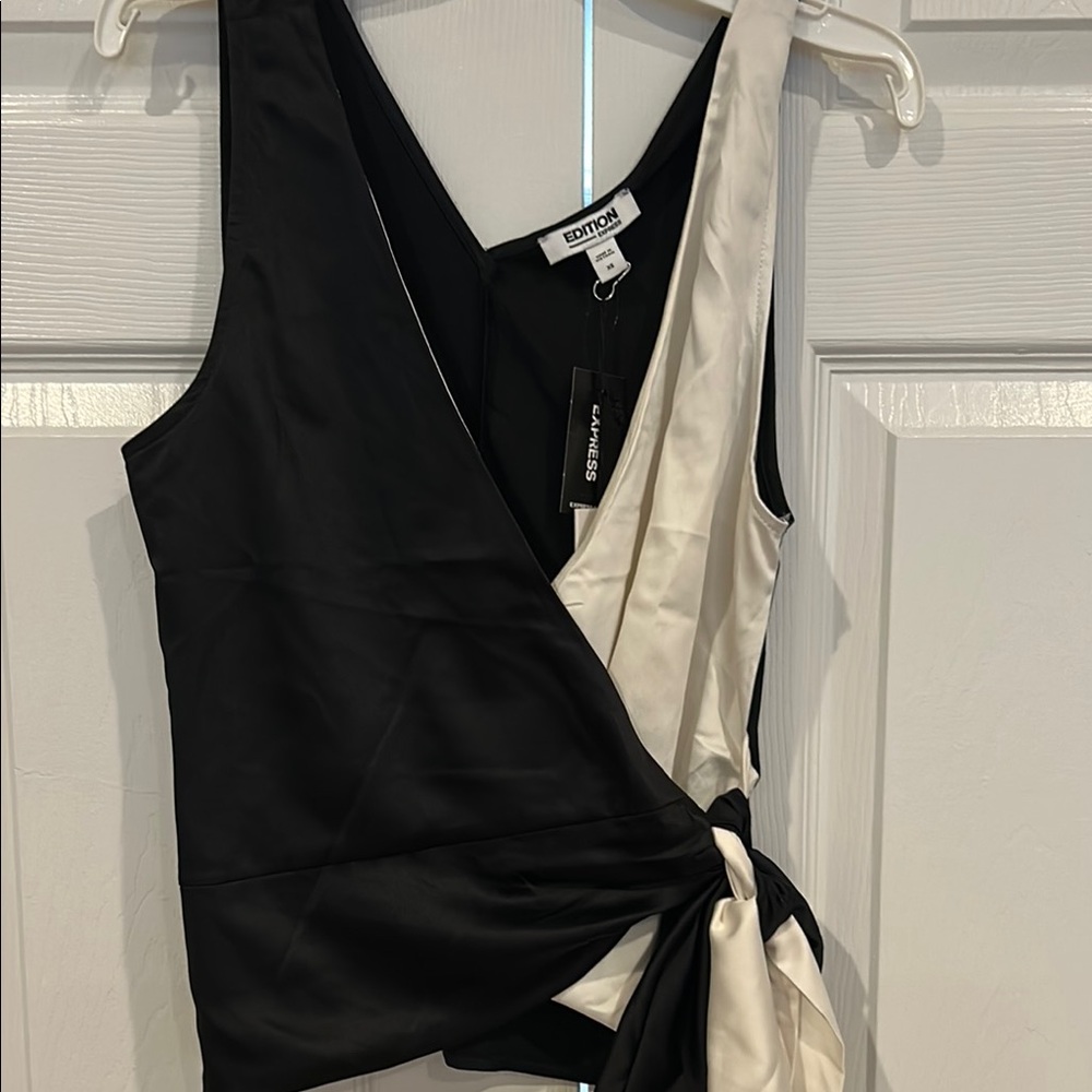 Black and White Sleeveless Wrap Top